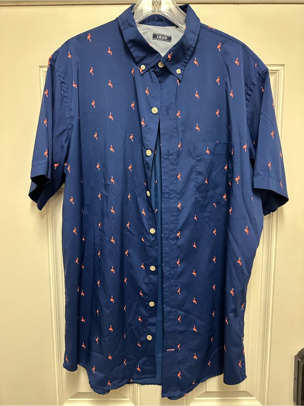 Izod Navy Short-Sleeve Button-Down with Pink Flamingo Print
